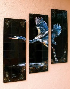 Hand Painted Heron Tile Art